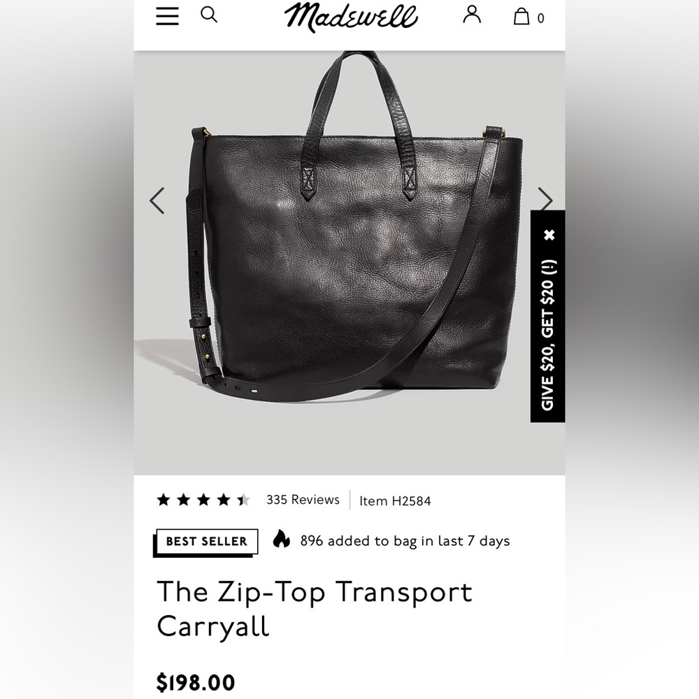 Madewell Zip-Top Transport Carryall bag Black